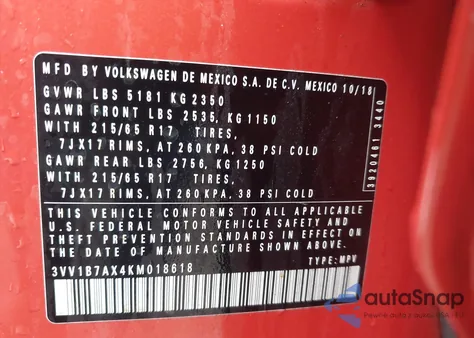 2019 Volkswagen Tiguan 2.0T S из США, поврежденный, VIN 3VV1B7AX4KM018618